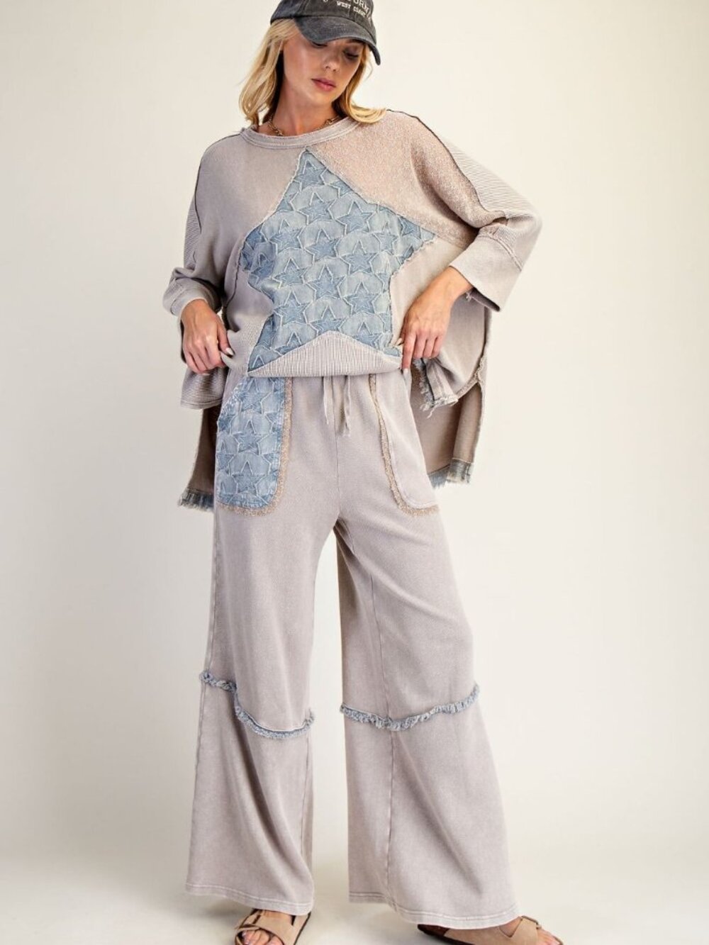 EASEL STAR PATCH MIX WASHED TERRY PANTS 100% COTTON